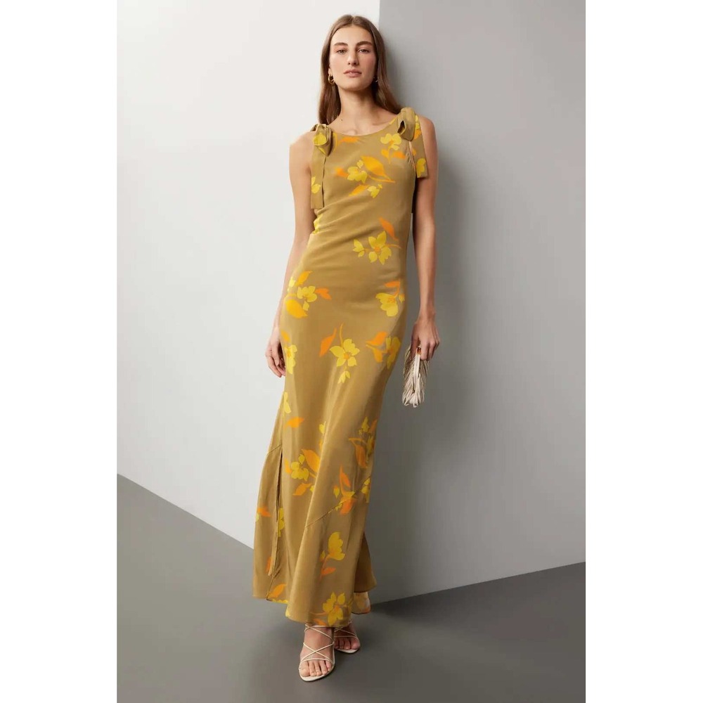 Soleil Soleil Ines Dress Silk‎ Floral Maxi Tie Strap Olive Green Sz 2 AU / 6 US